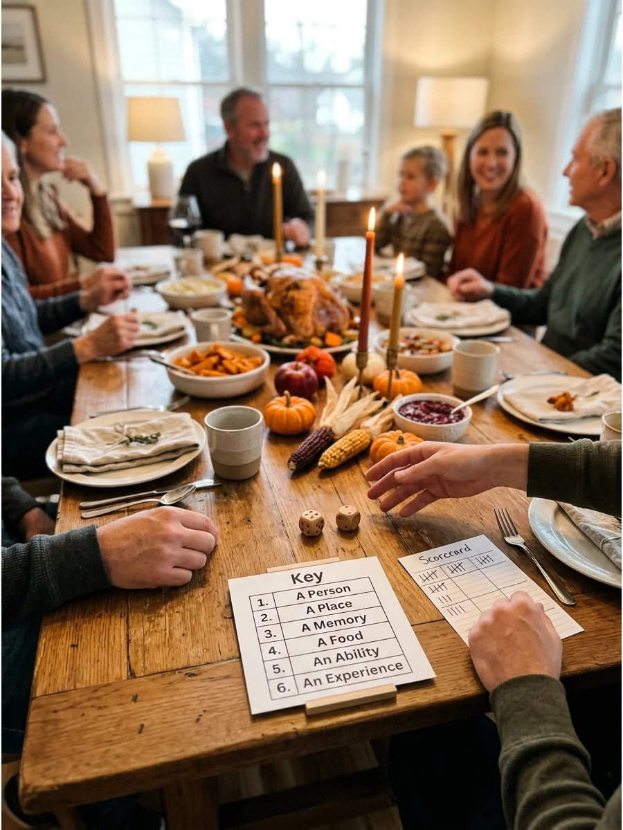 Wooden dice and a gratitude prompt card on a Thanksgiving table.