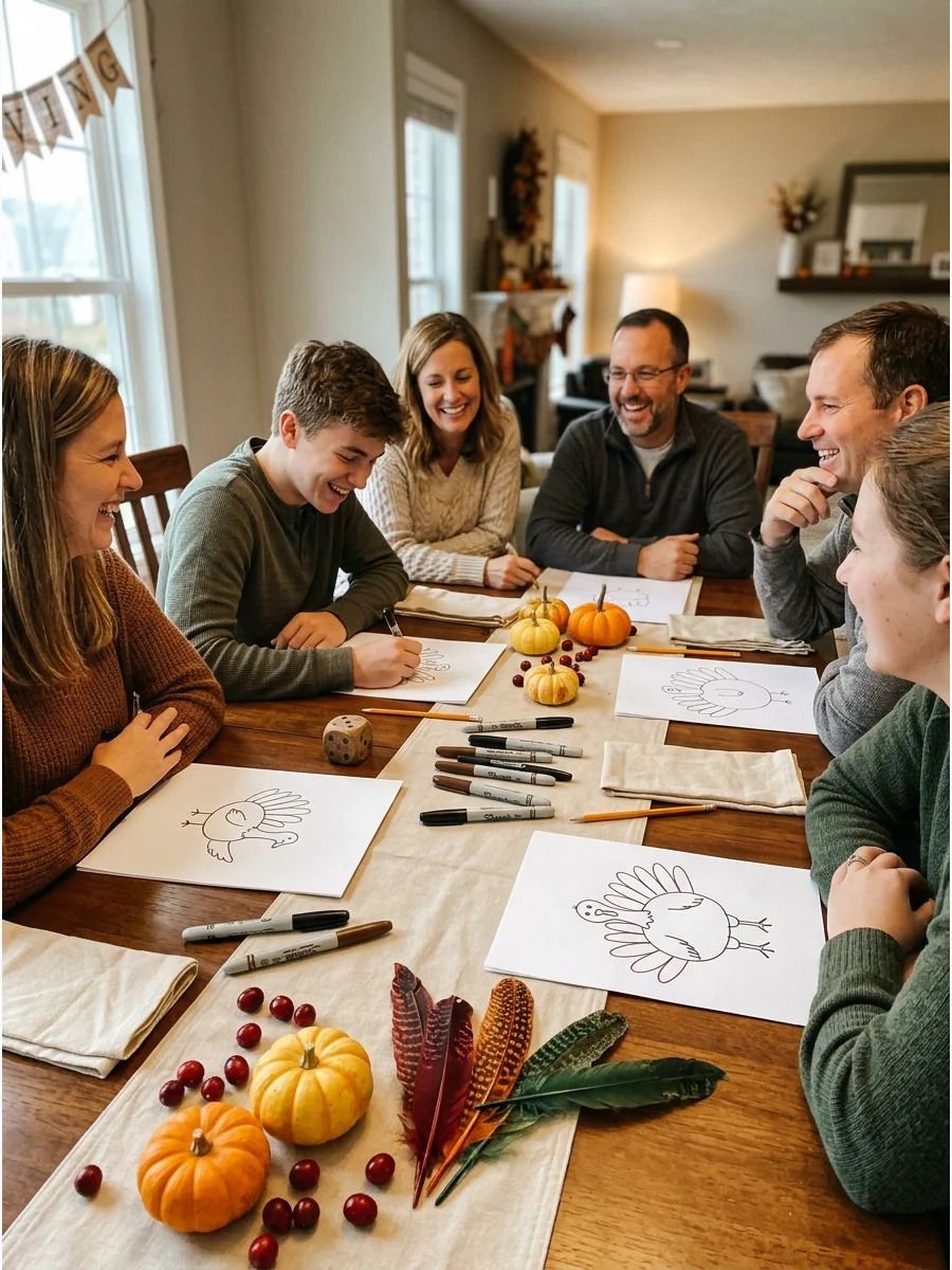 Family members sitting at a dining table drawing turkeys on paper.
