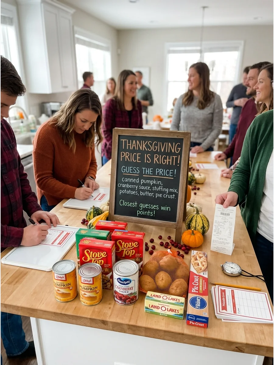 Canned goods on a kitchen island with people writing guesses on boards.