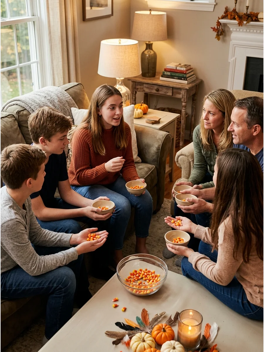 Teens and adults sitting in a circle with candy corn bowls.
