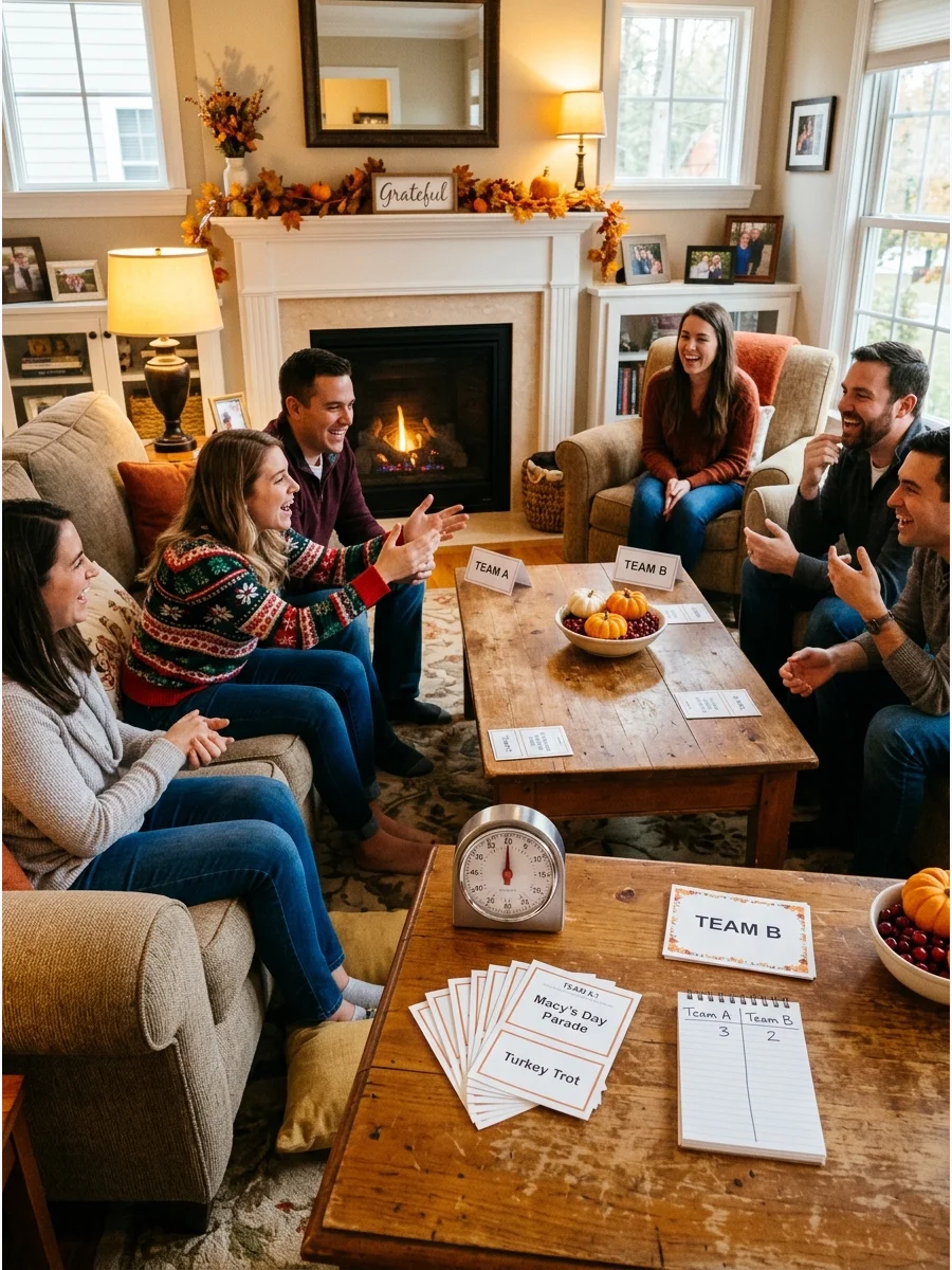 Adults in a living room playing a guessing game with teams.