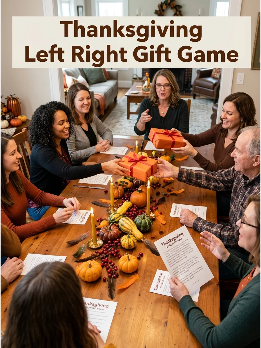 People sitting at a dinner table passing a small wrapped gift.
