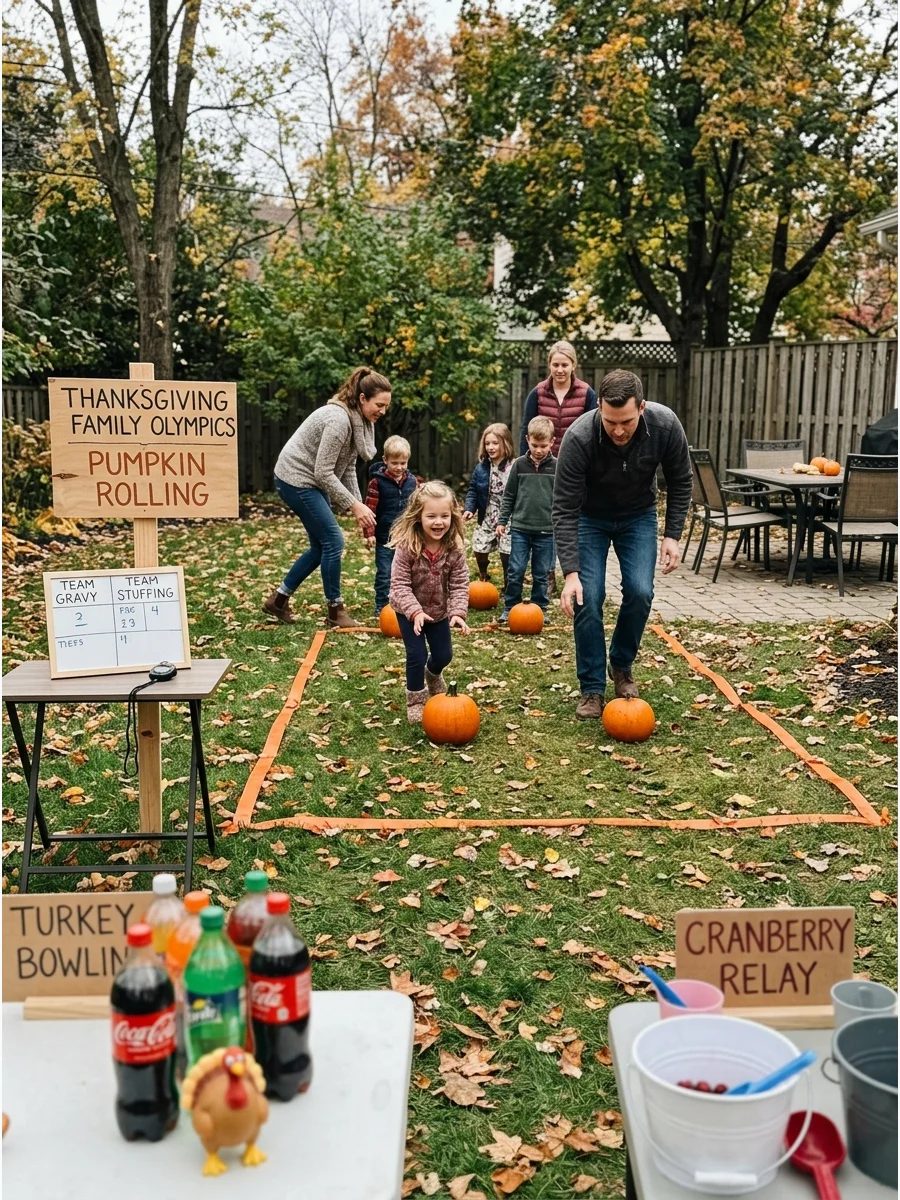 A family in a backyard participating in a pumpkin rolling race.