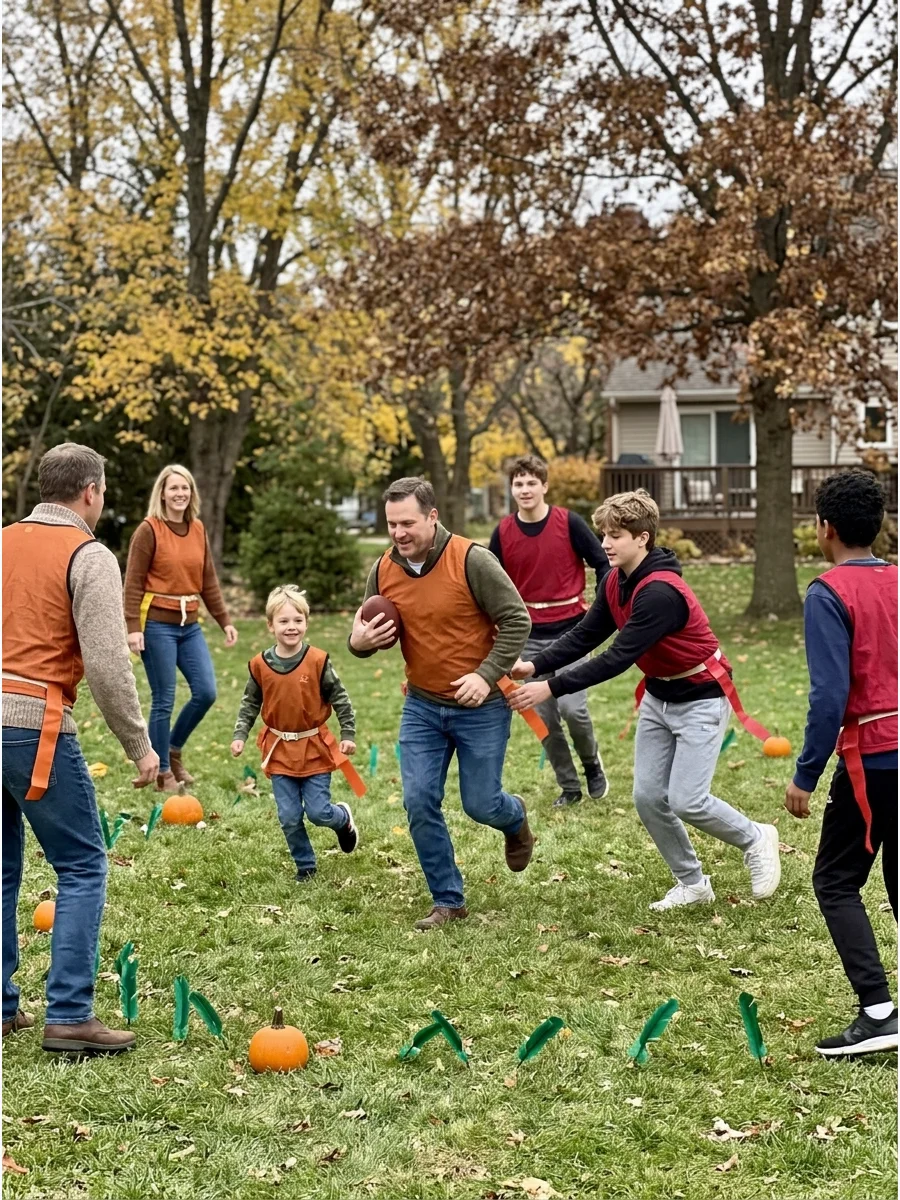 A group of people playing touch football on a grassy lawn.
