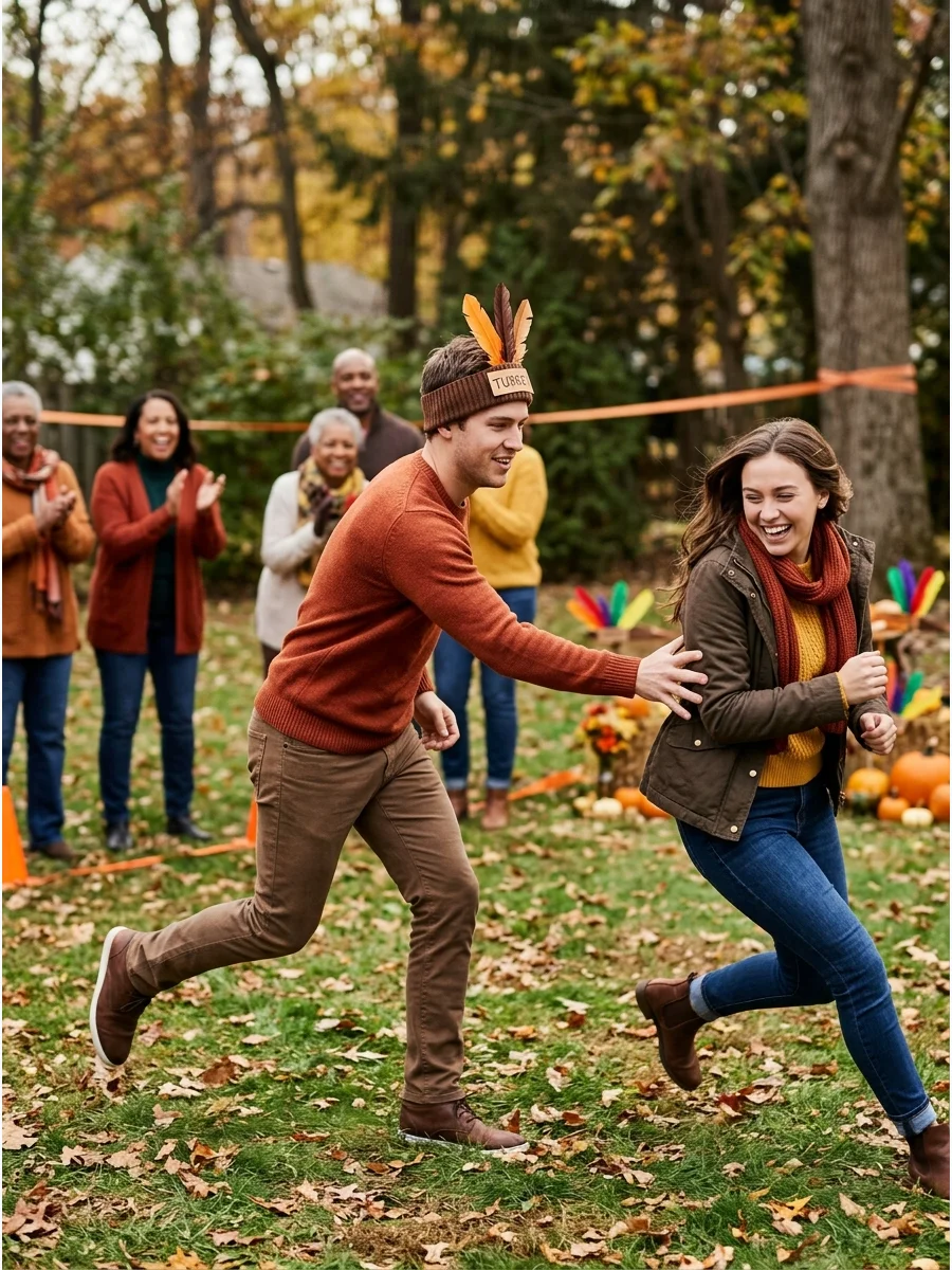 Children playing tag in a backyard during a holiday gathering.