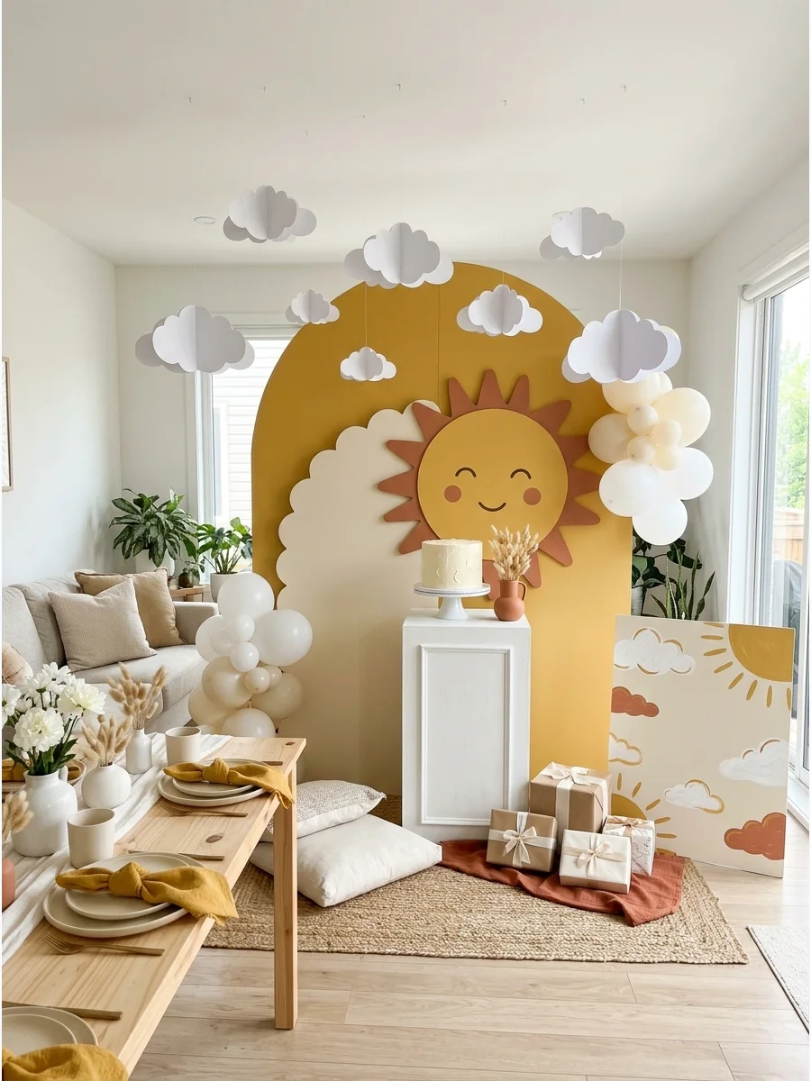 A yellow sun-themed backdrop with white paper clouds in a bright room.