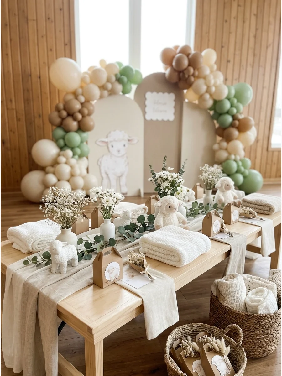 A wooden table with white ceramic lambs and cream linens.
