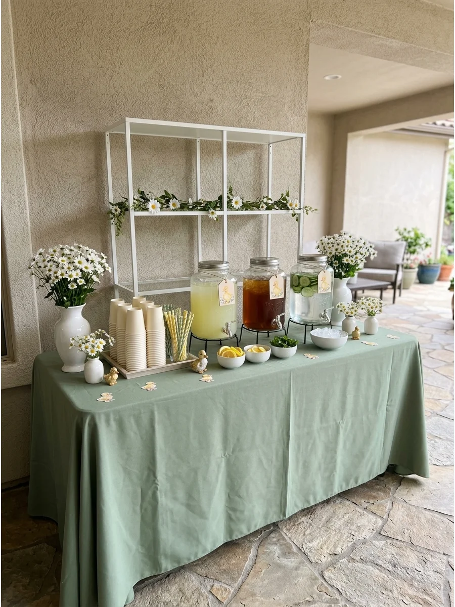 A sage green table setting with daisies on a stone patio.