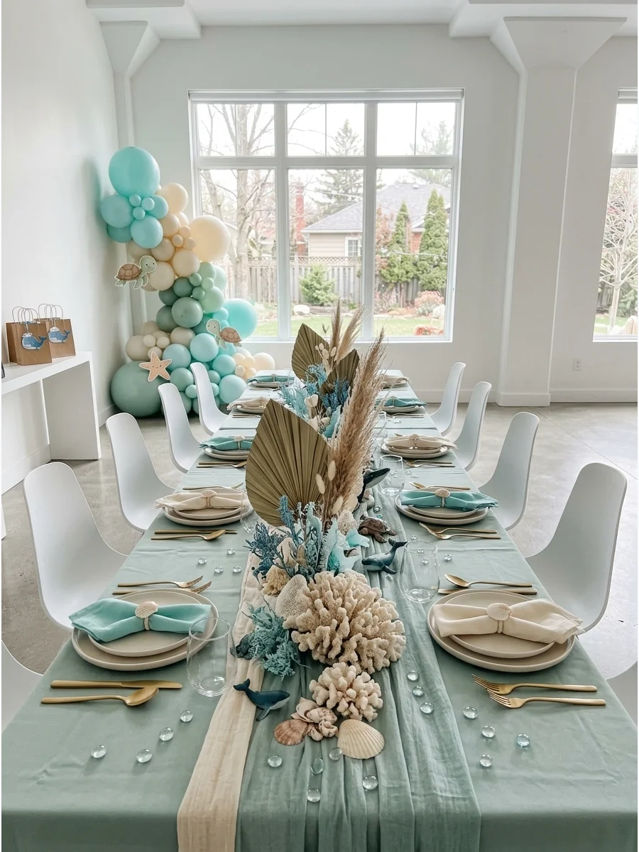 A modern loft table setup with seafoam green linens and dried palms.