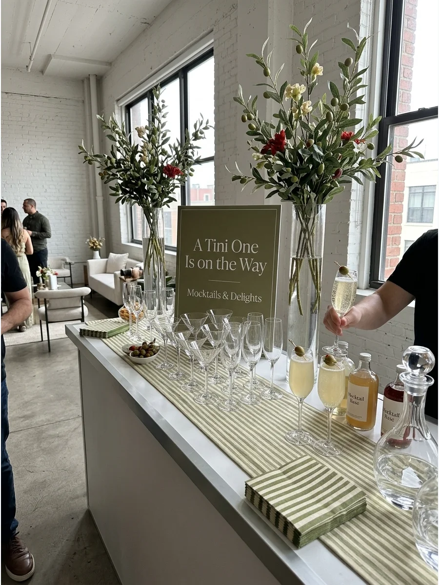 A sophisticated mocktail bar with olive branches and glassware.