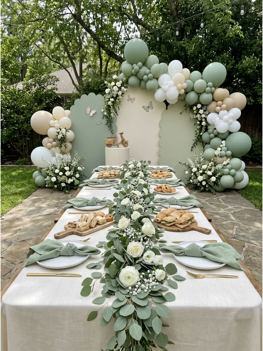 A garden table with sage green accents and eucalyptus greenery.