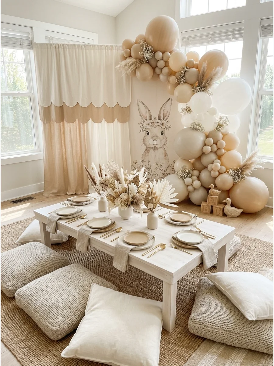 A neutral lounge area with tan rugs and white cushions.