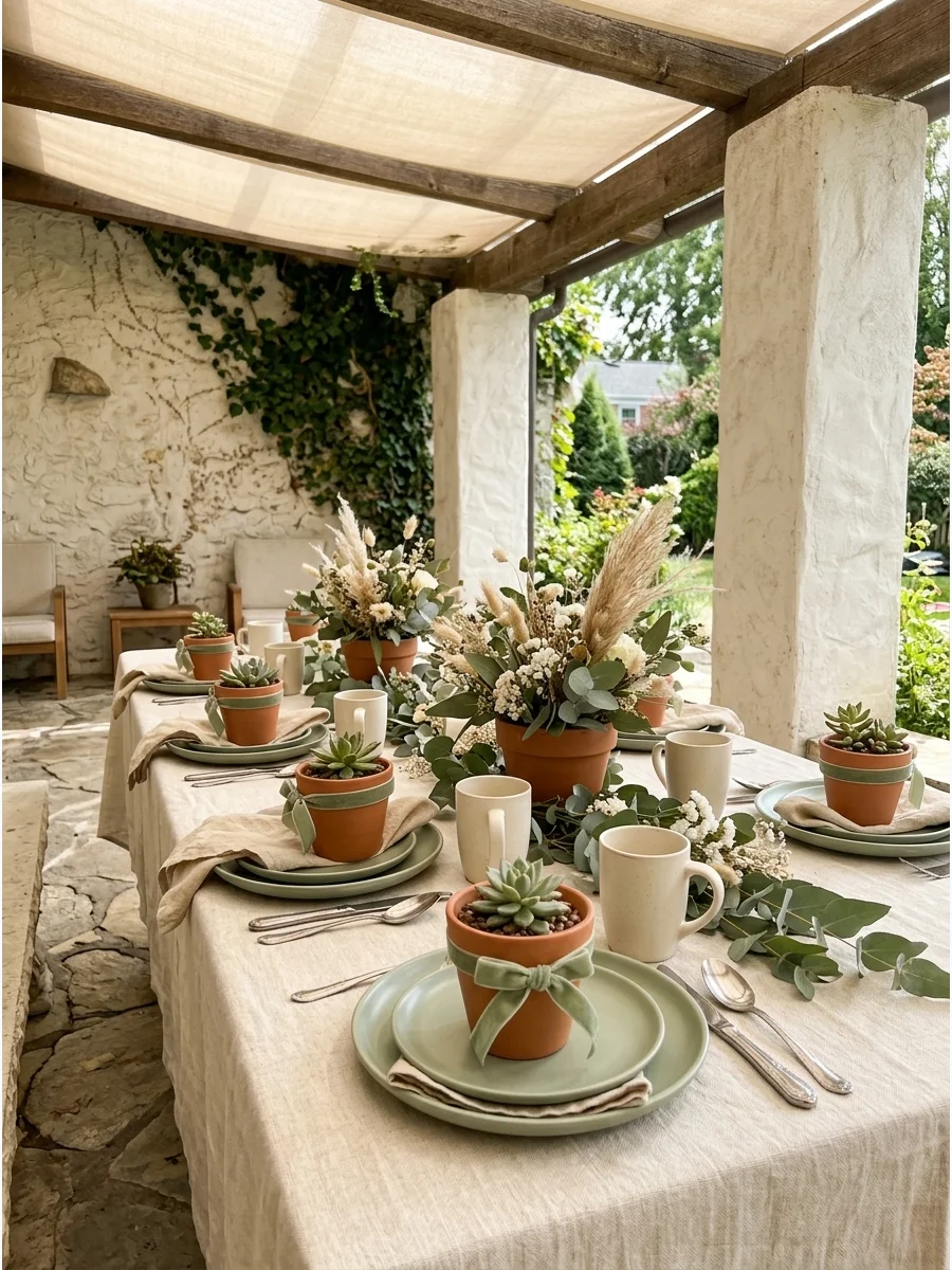 Terracotta pots and sage green ribbons on a patio table.