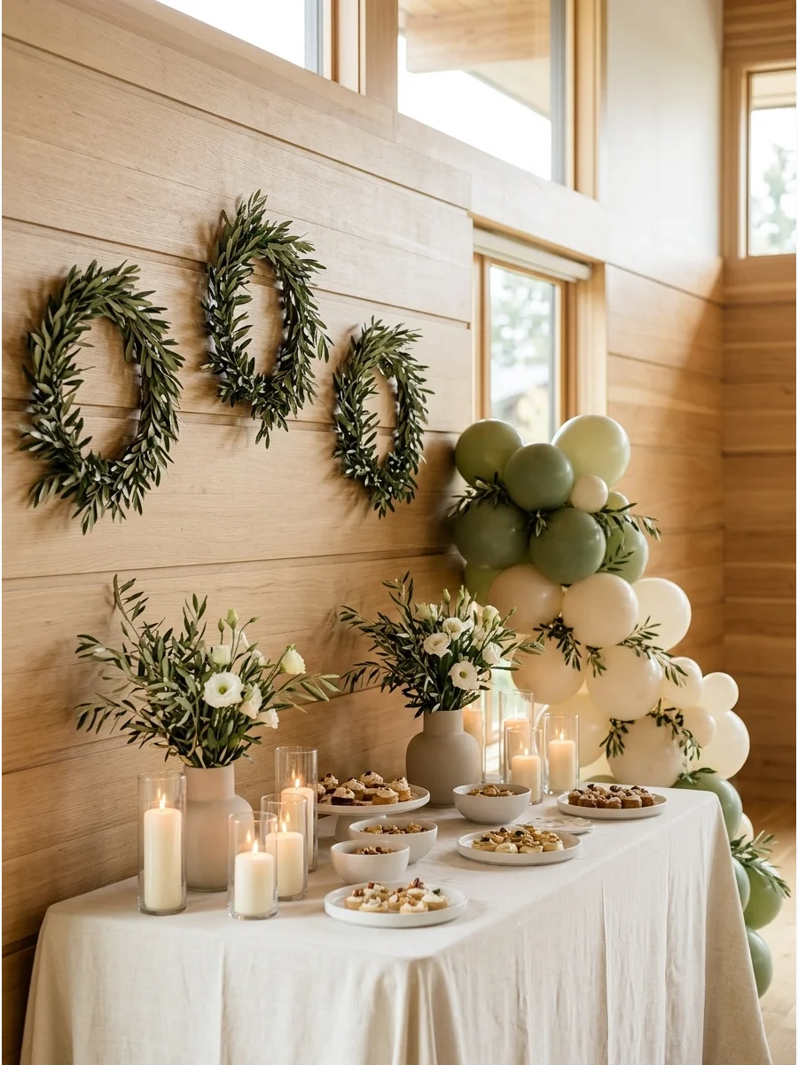 Olive wreaths and ivory candles in a room with wood paneling.