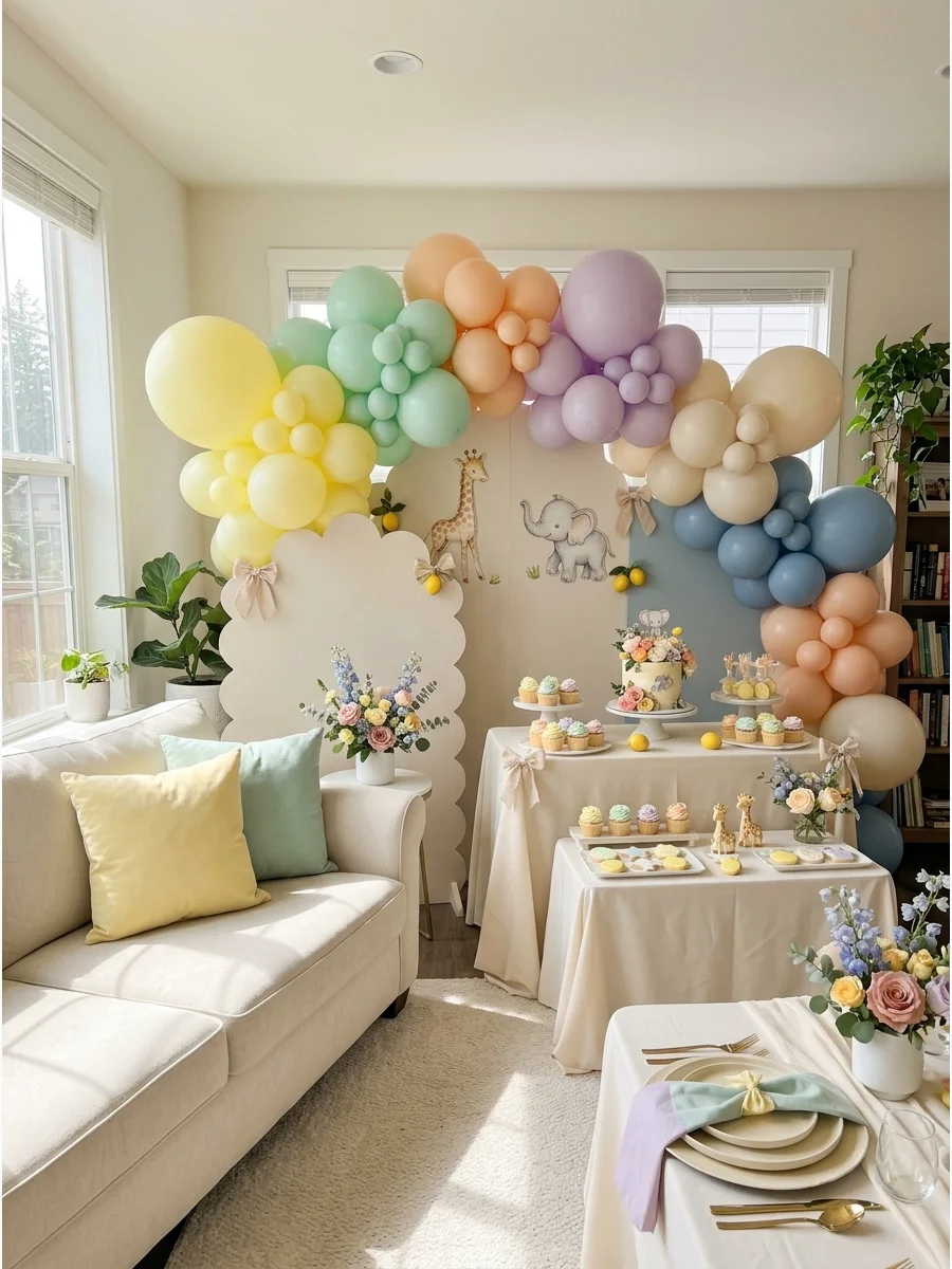 A sun-drenched living room decorated with muted yellow and mint green accents for a baby shower.
