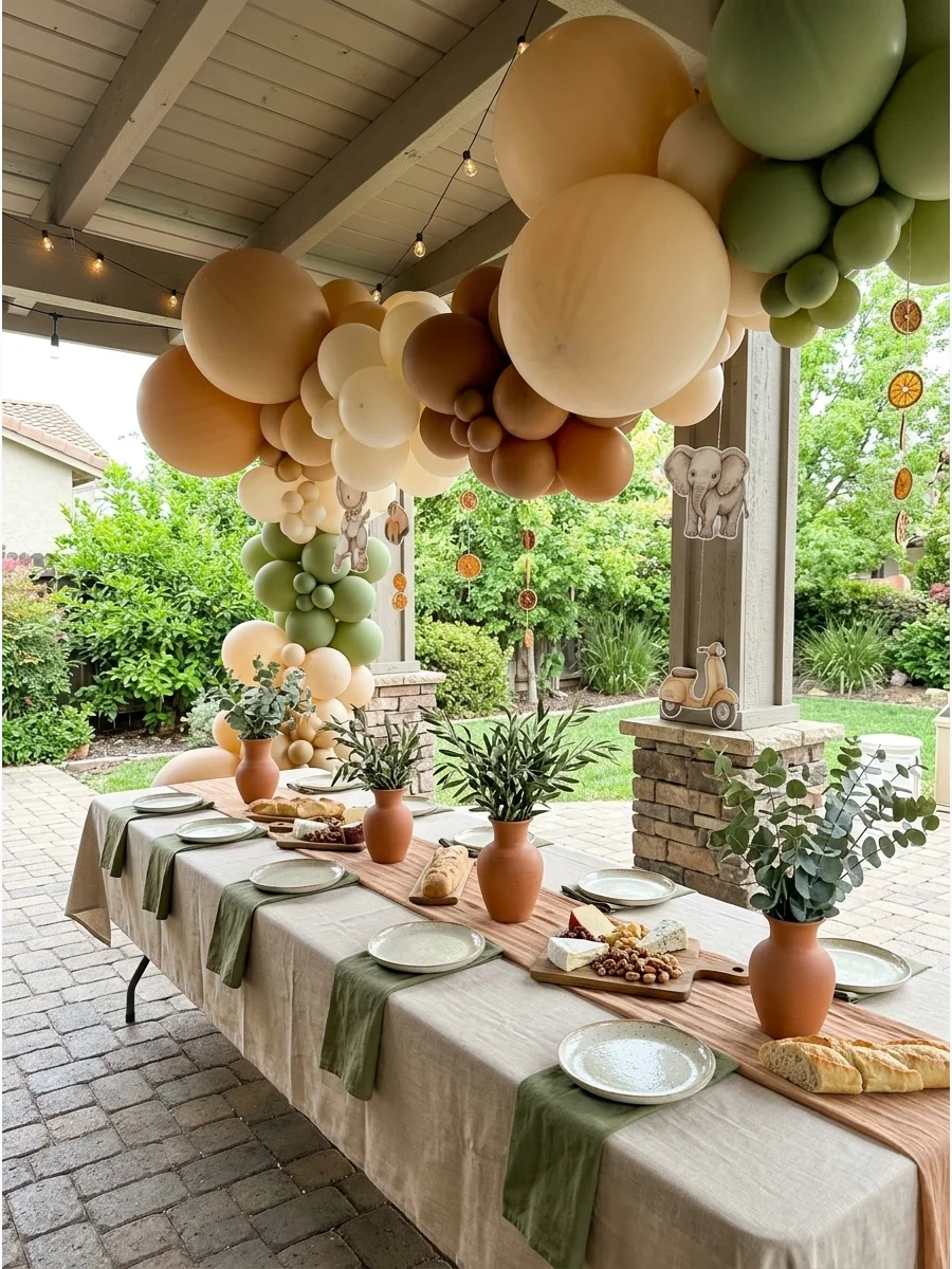 An outdoor patio table set with terracotta and olive green decor for an earth-toned baby shower.
