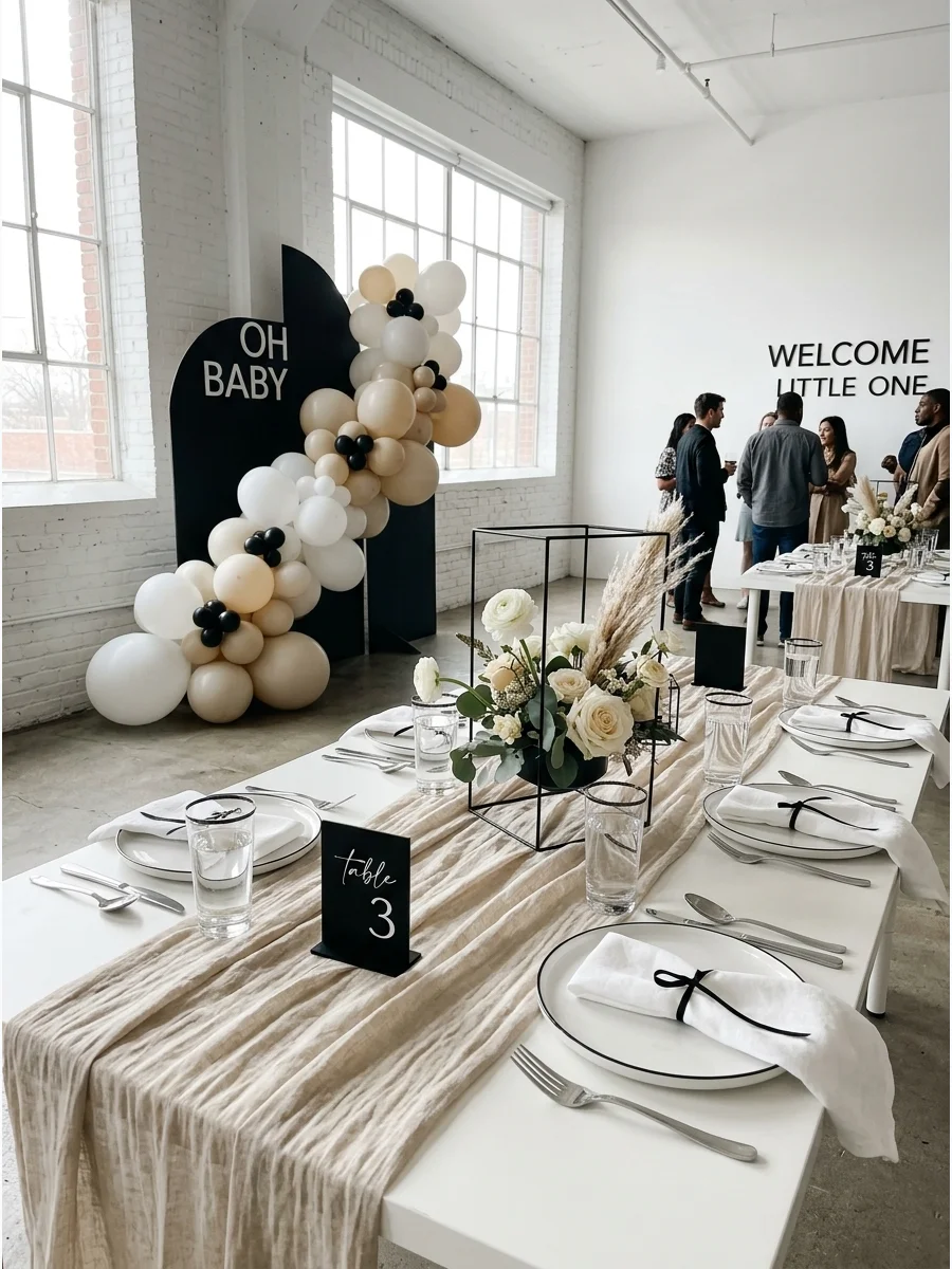 A modern minimalist loft decorated in black, white, and beige for a sophisticated baby shower.