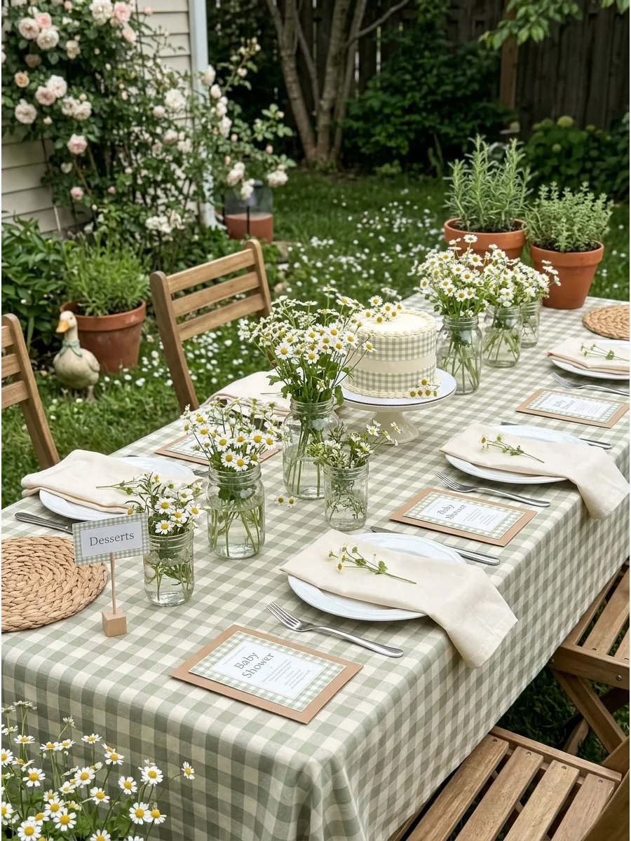 A backyard garden party table featuring sage green gingham linens and white flowers.