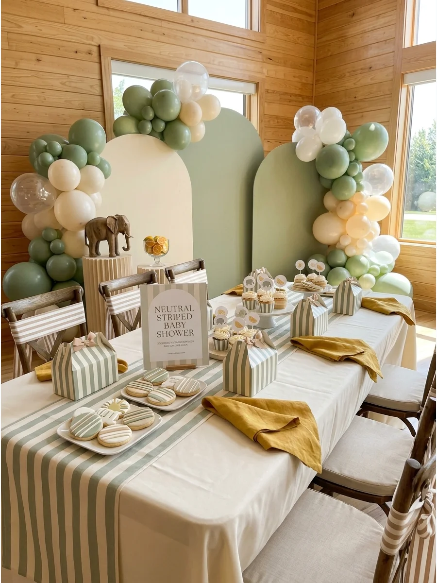 A community room table with a neutral striped runner and mustard yellow accents.