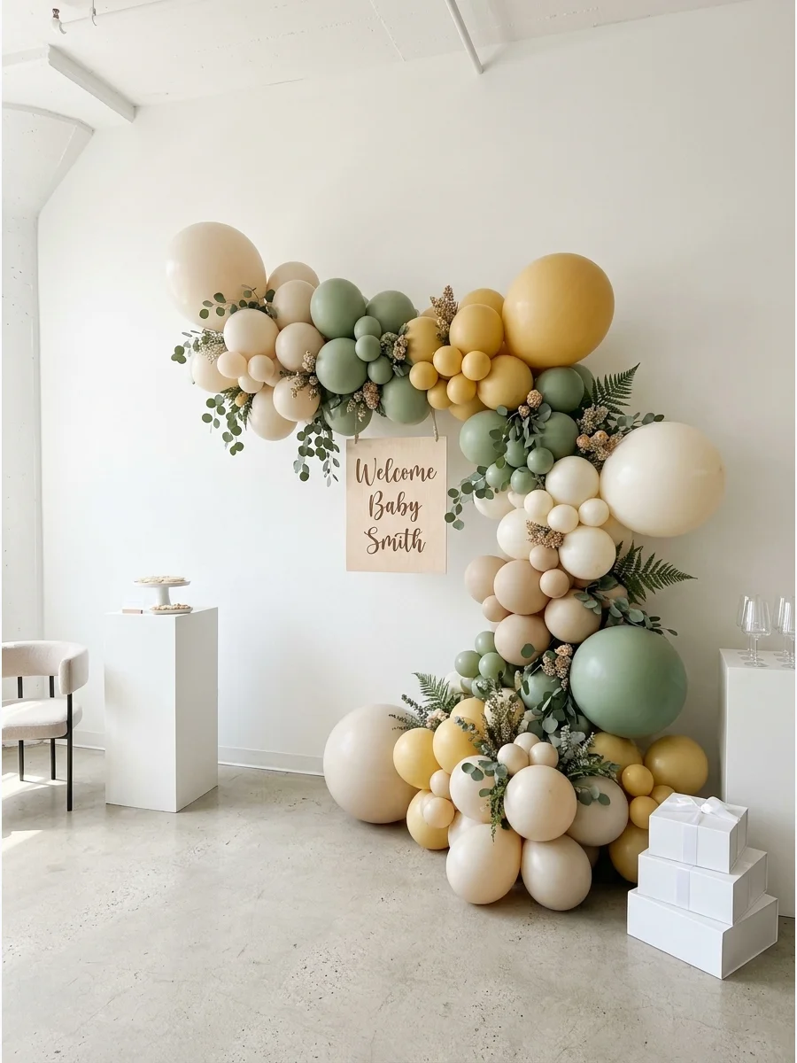A large organic balloon garland in shades of cream and tan against a white loft wall.
