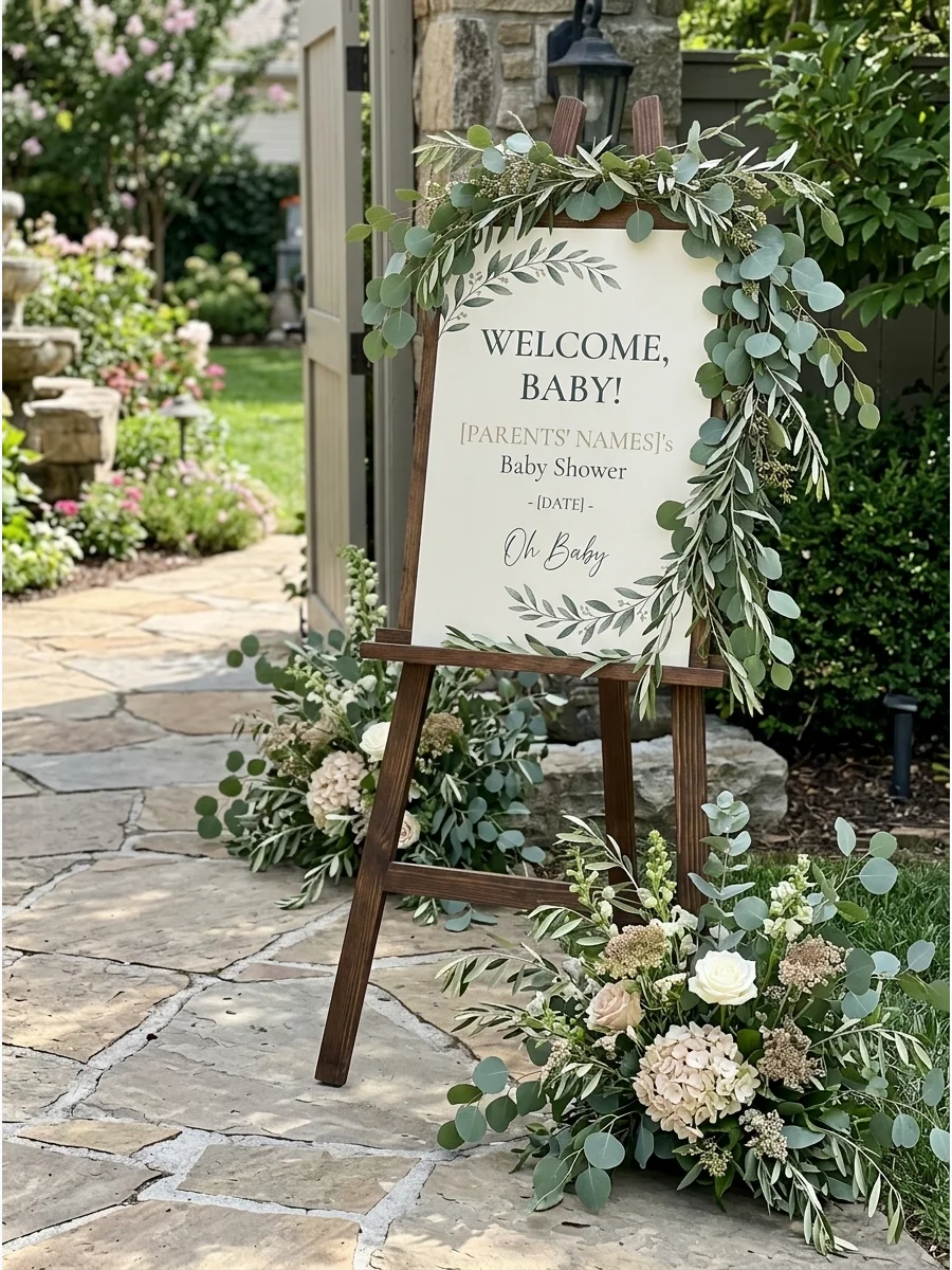 A wooden easel holding a cream welcome sign decorated with fresh eucalyptus in a garden.