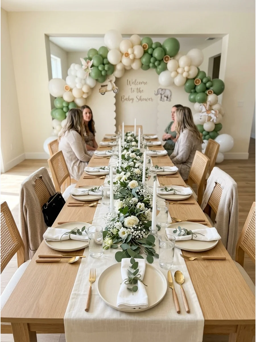 A botanical tablescape with a eucalyptus runner and white plates on a wooden table.