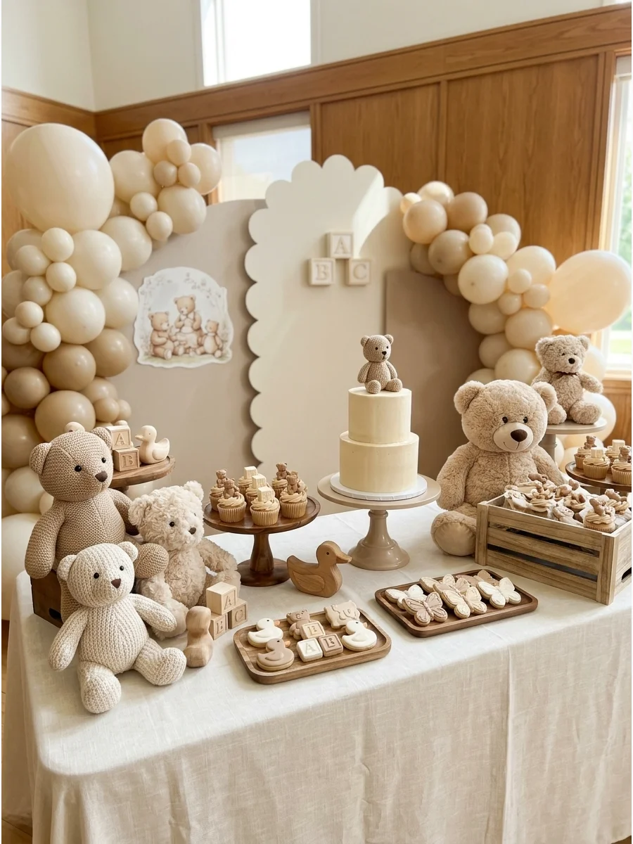 A dessert table decorated with plush beige teddy bears and wooden stands in a community room.