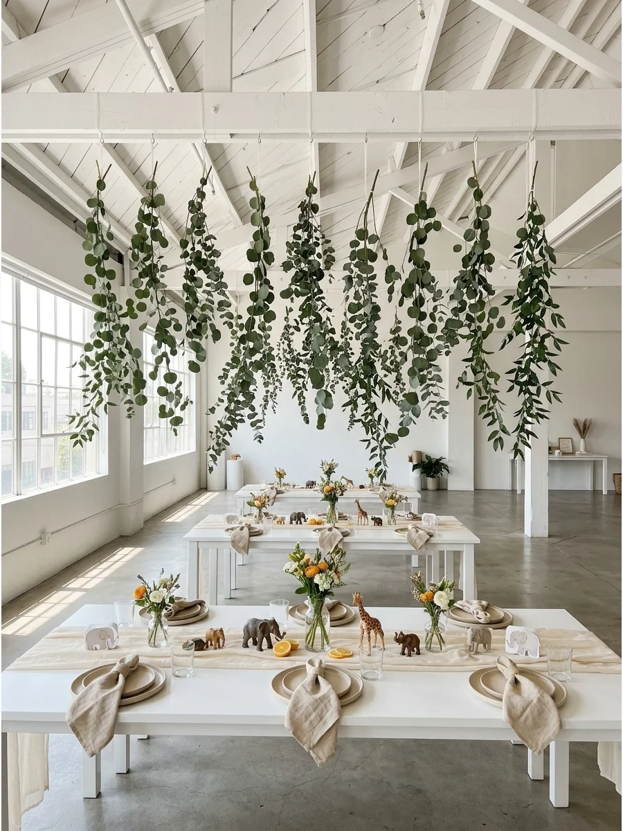 Hanging greenery and cream lanterns suspended from a white loft ceiling.