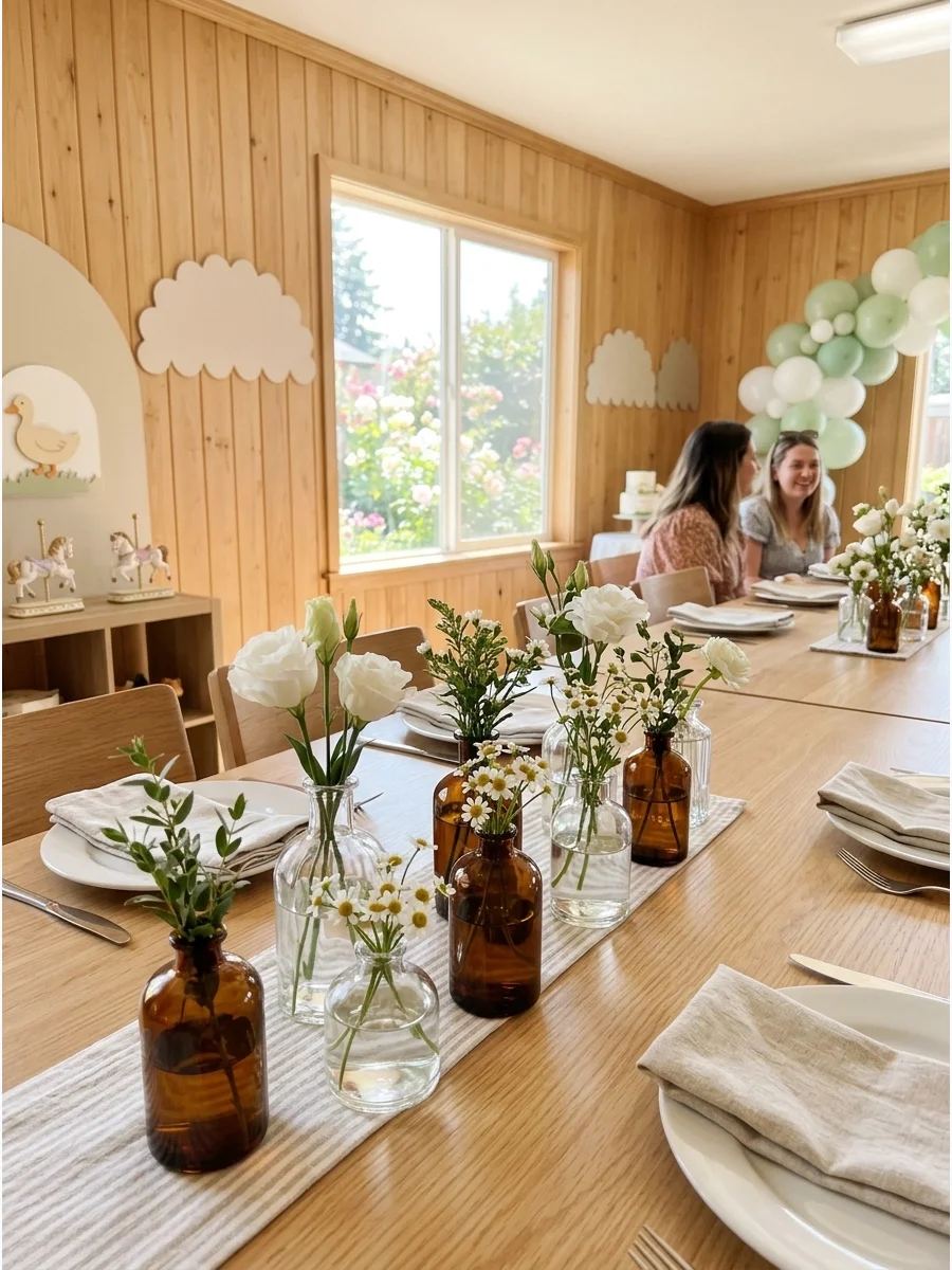 Clusters of amber and clear glass bud vases with white flowers on a wooden table.