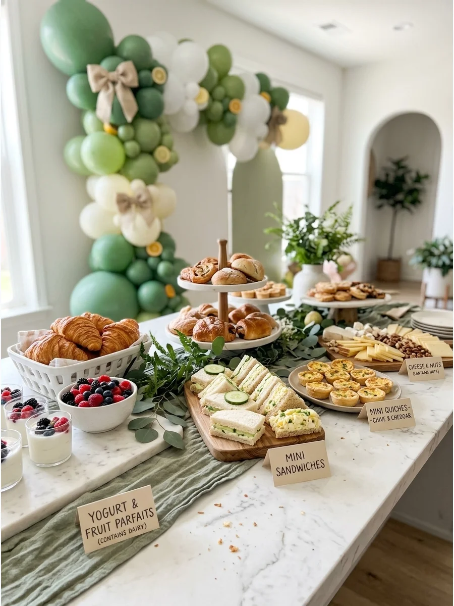 Brunch spread with pastries and fruit on white ceramic stands and wooden boards.
