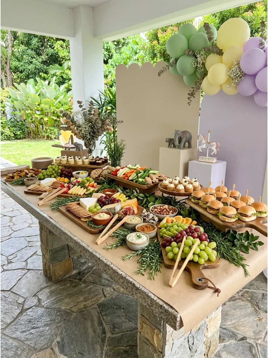 Large grazing table with cheese, crackers, and fruit on a kraft paper runner.