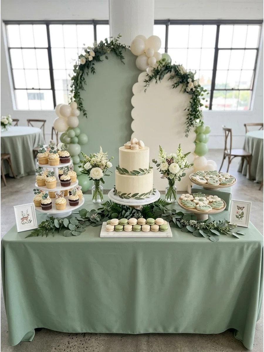 Ivory cake and leaf-shaped cookies on a dessert table with botanical accents.