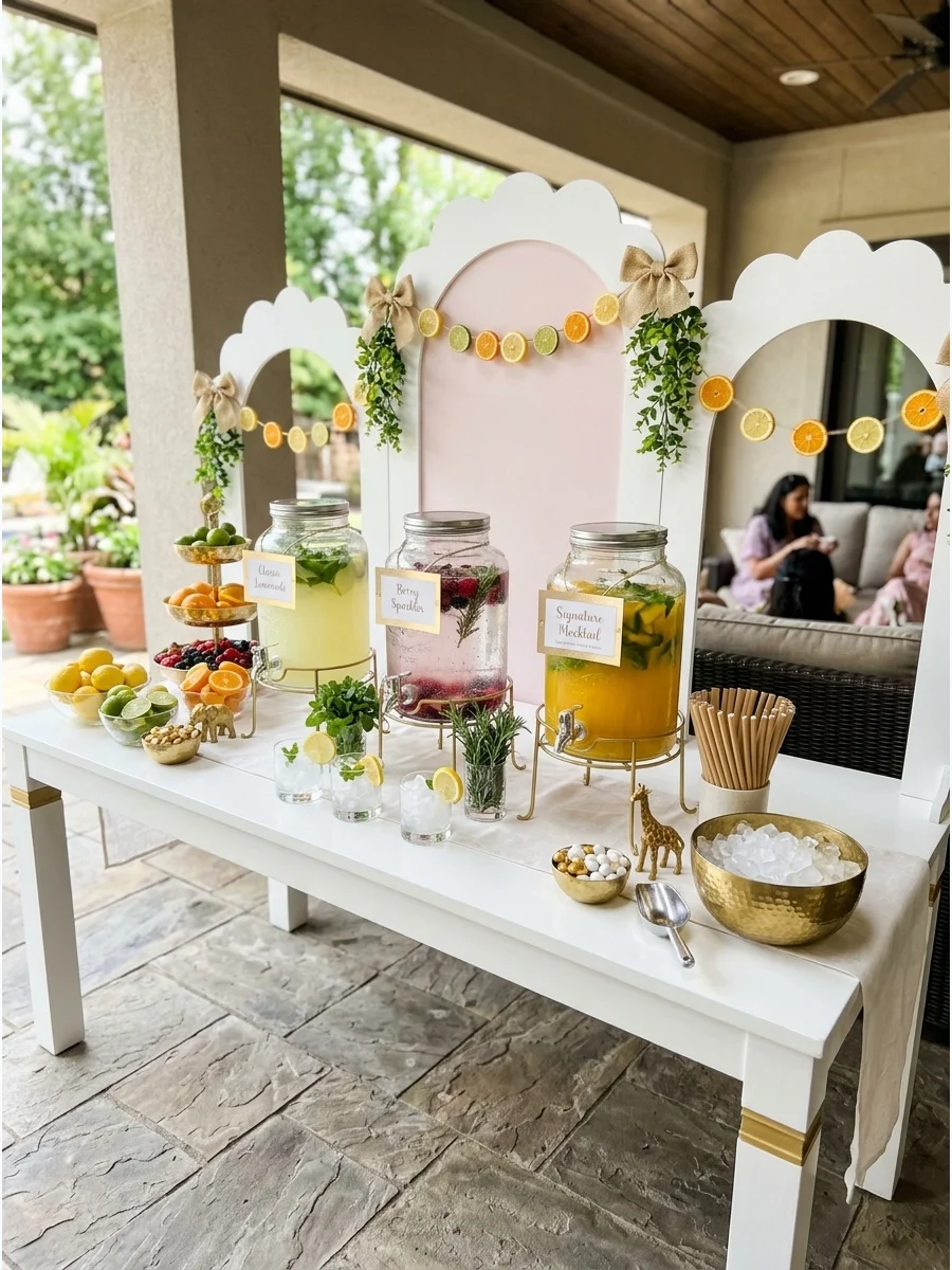 Glass drink dispensers with cucumber water and peach lemonade on a patio bar.