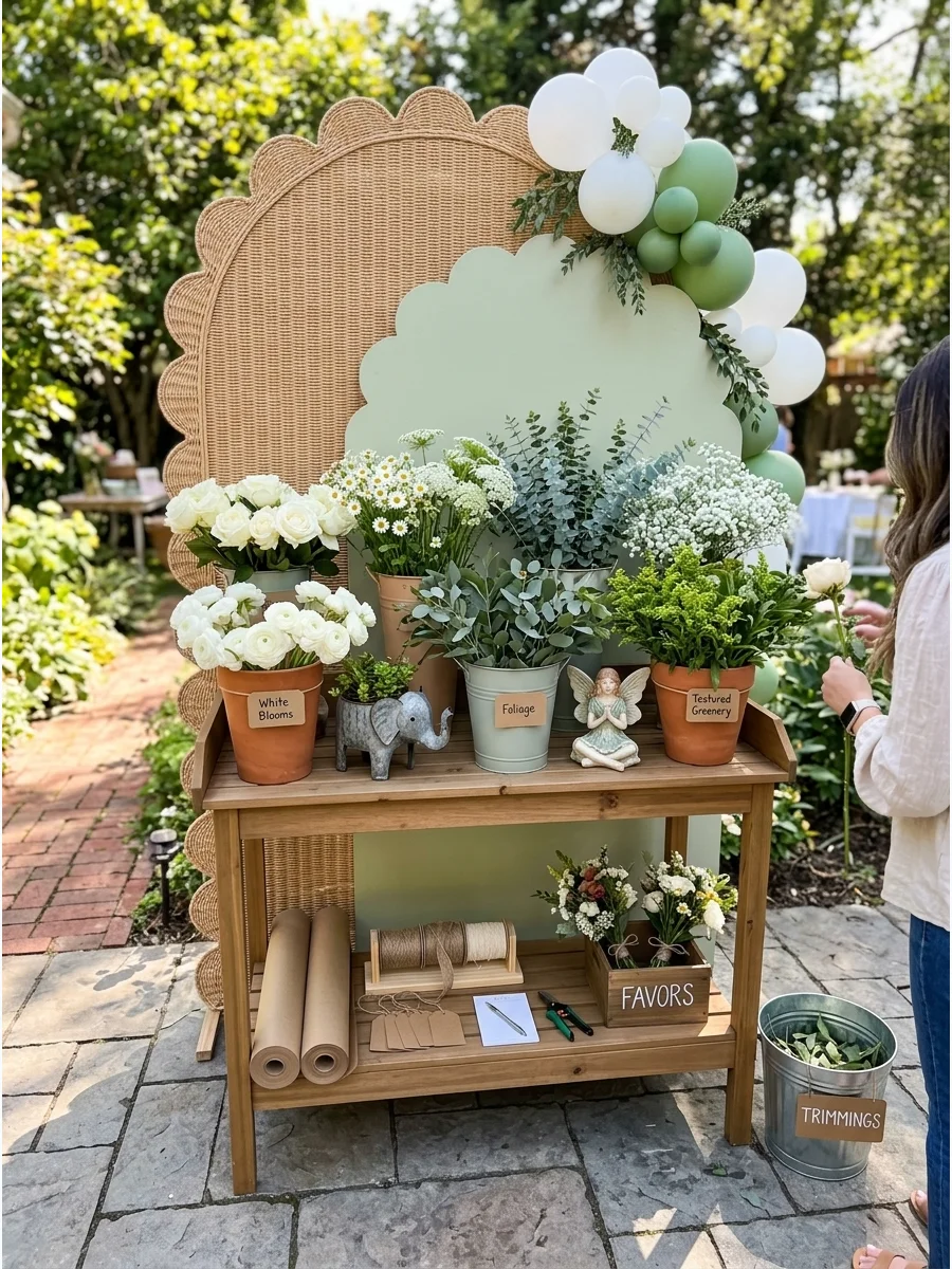 Flower bar with buckets of white roses and eucalyptus on a wooden bench.