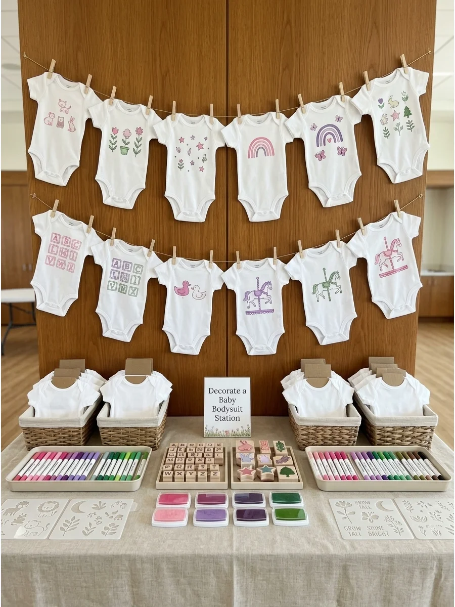 White baby bodysuits hanging on a clothesline with fabric markers on a nearby table.