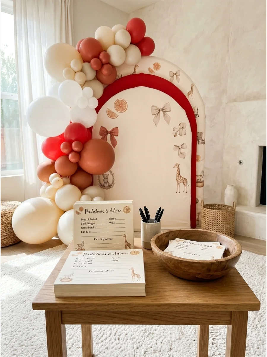 Advice station with cream cards and a wooden bowl on a small oak table.