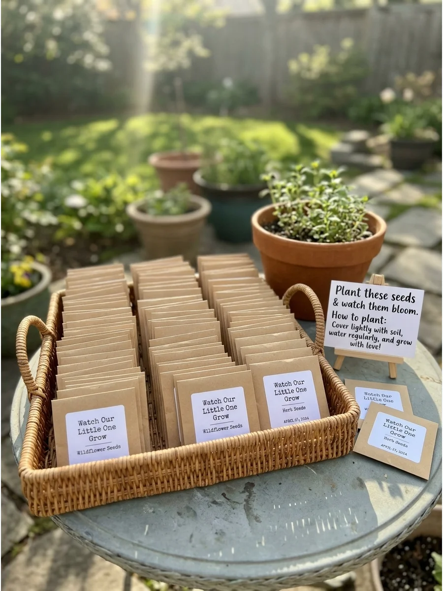 Woven basket filled with brown paper seed packets on a wooden garden table.