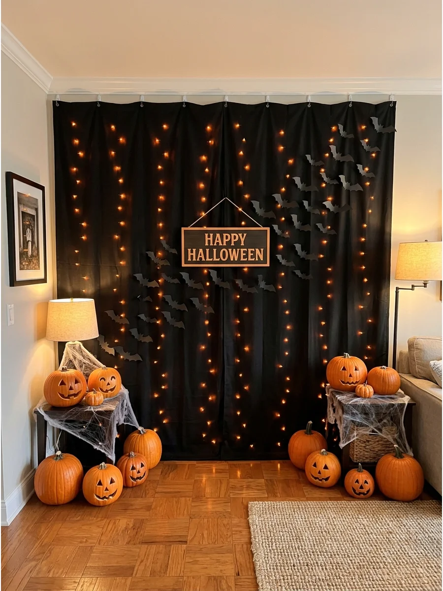 A black fabric backdrop with orange lights and paper bats.