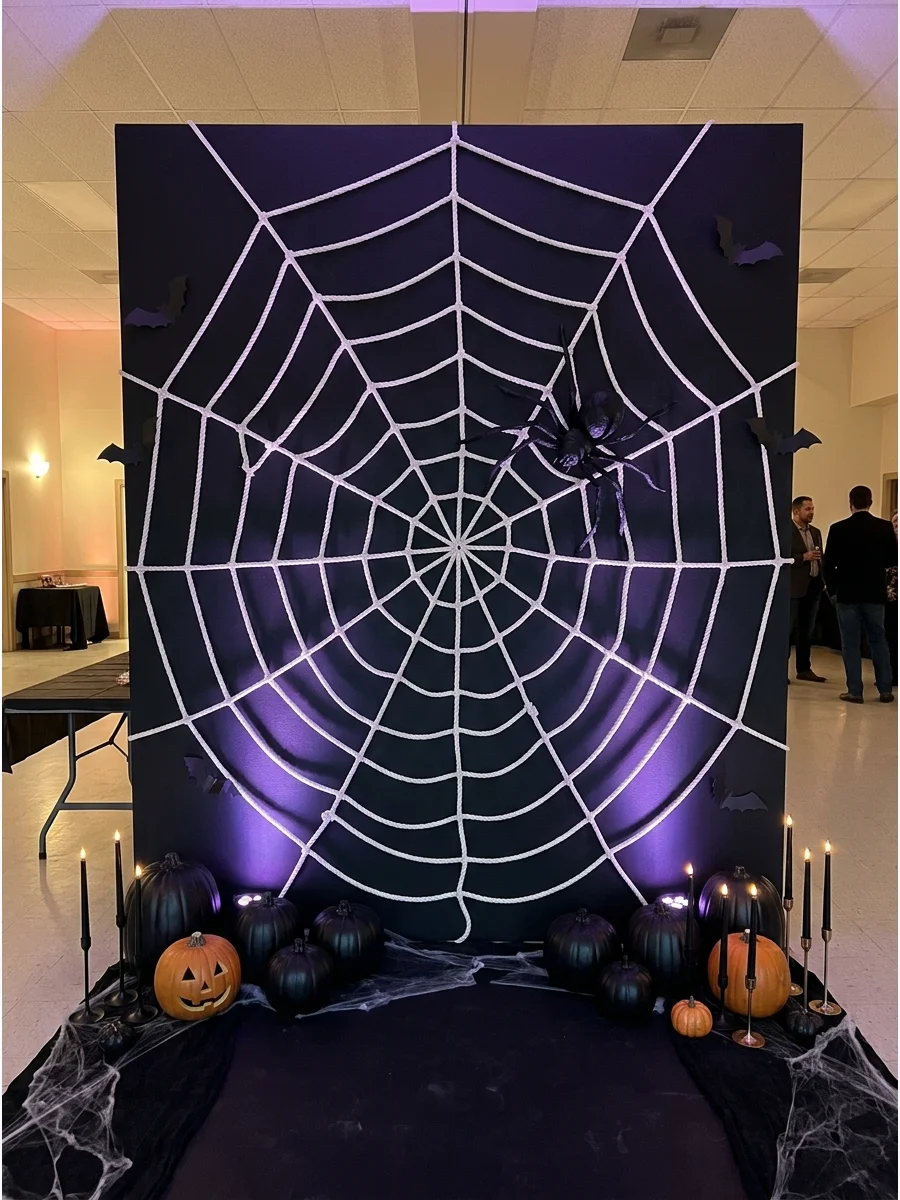 A giant spider web backdrop with a large spider prop.