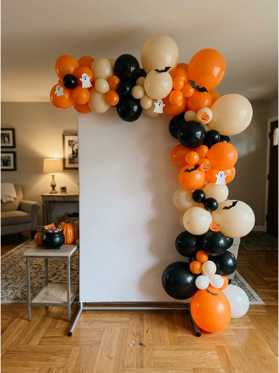 A modern balloon garland with orange, black, and white balloons decorated with small paper bats.