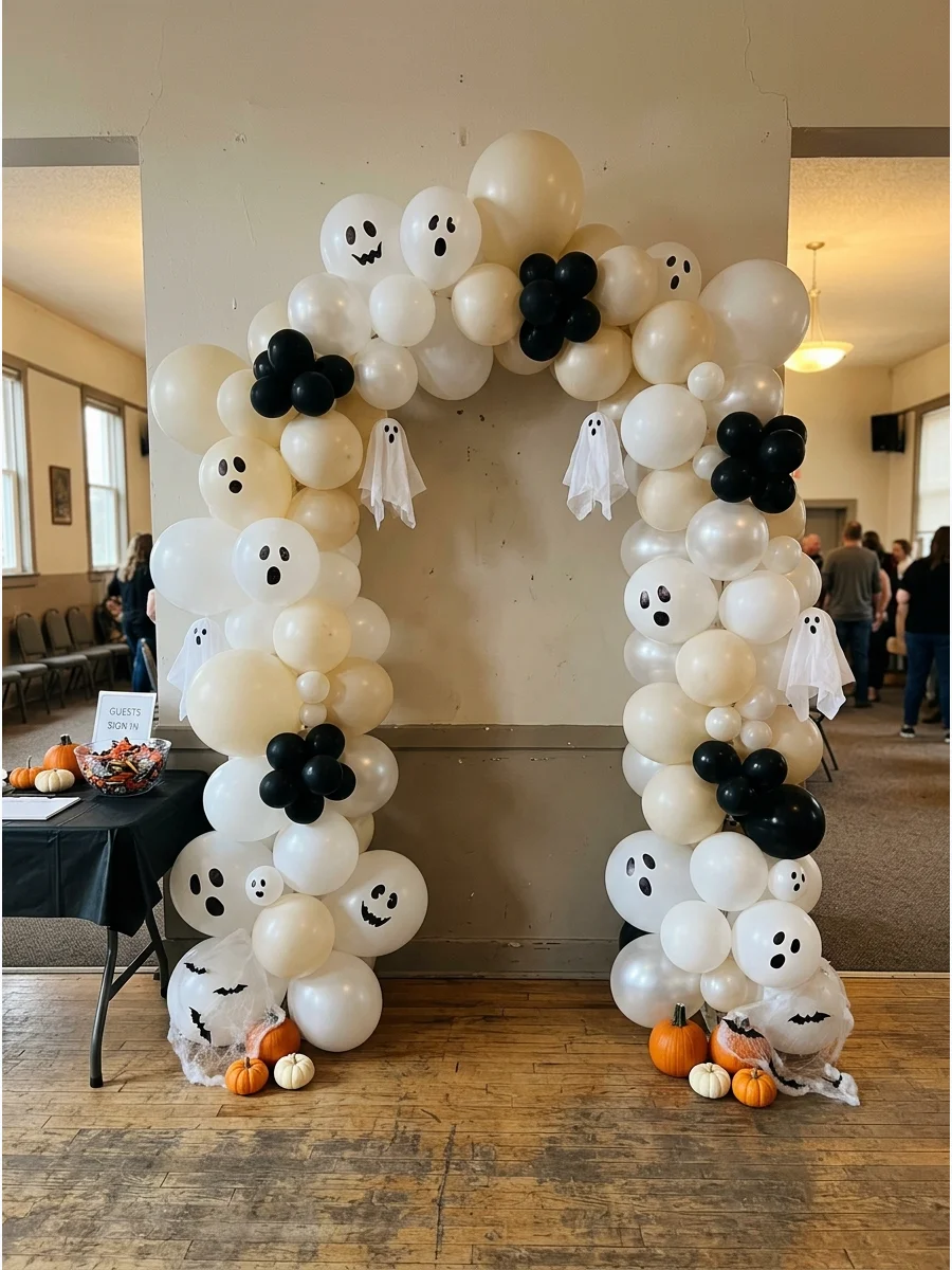 A white and cream balloon arch featuring hand-drawn ghost faces for a Halloween party.