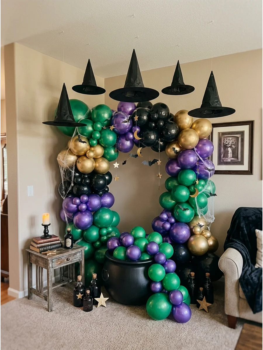 A witch-themed balloon backdrop with green and purple balloons spilling from a cauldron.