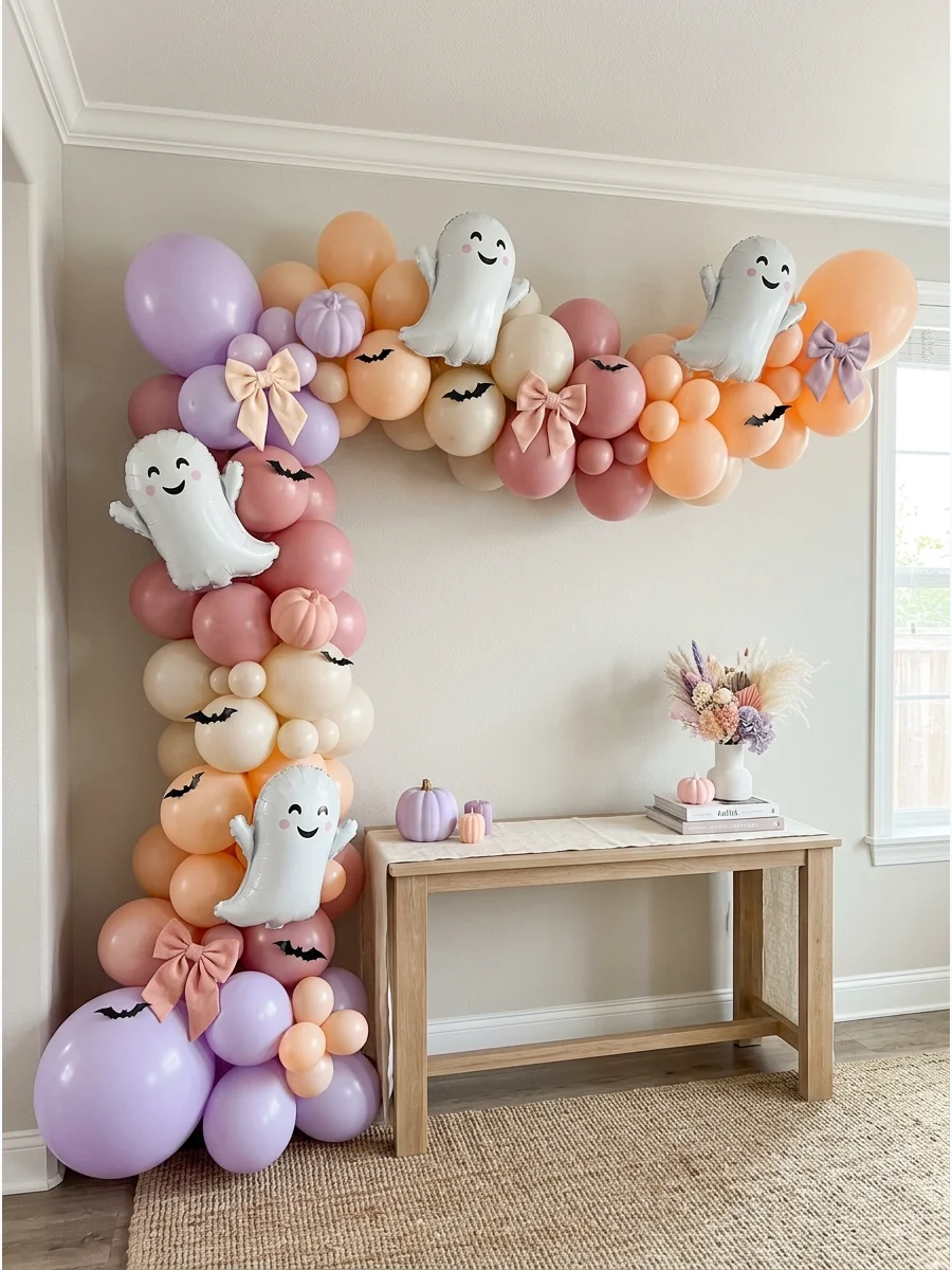 A cute pastel Halloween balloon garland with soft orange, lavender, and peach tones.