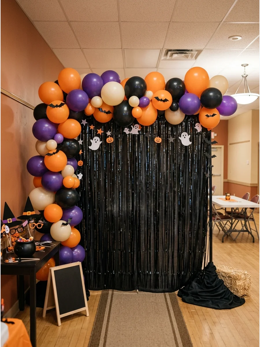 A black fringe curtain backdrop framed by a colorful Halloween balloon arch.