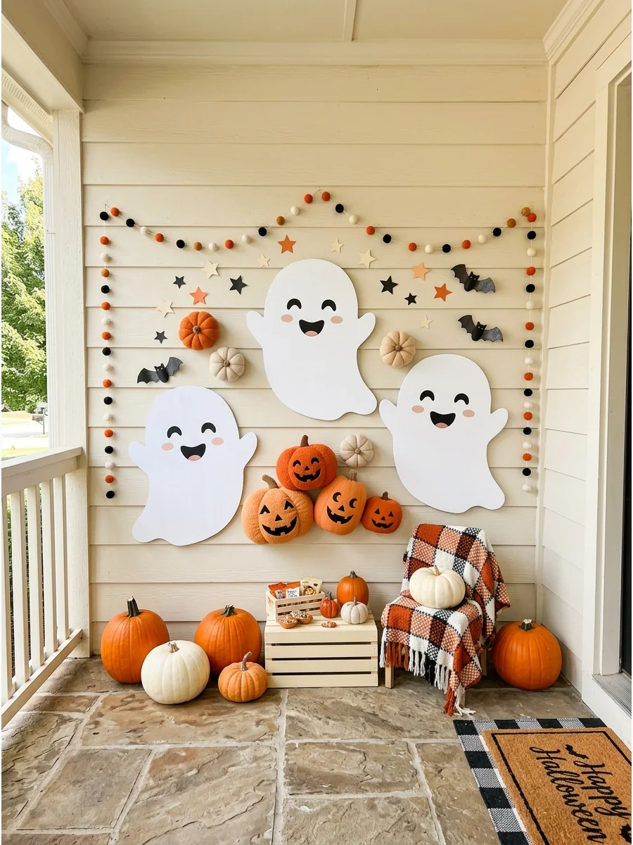 Friendly foam board ghosts and paper pumpkins arranged as a backdrop on a front porch.