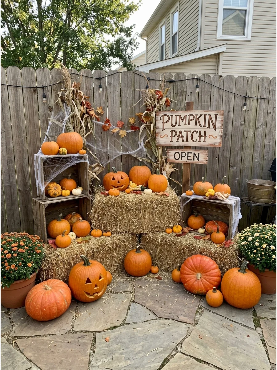 A pumpkin patch photo backdrop with hay bales and pumpkins.