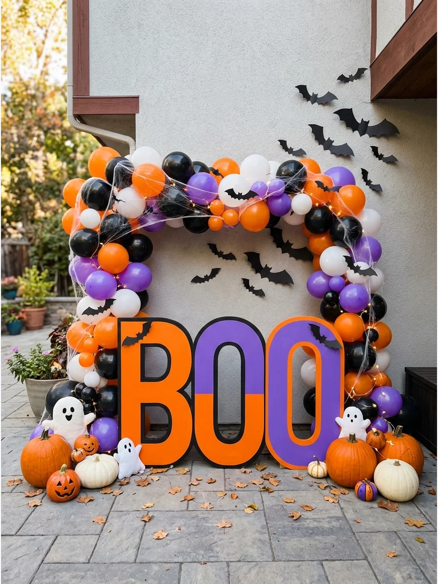 Large 3D letters spelling BOO decorated with googly eyes on a backyard patio.