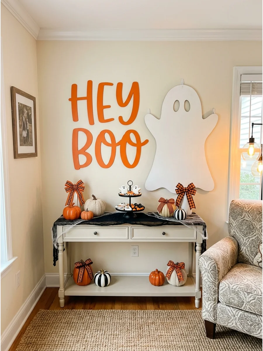 A modern Halloween backdrop featuring a friendly ghost and orange lettering.