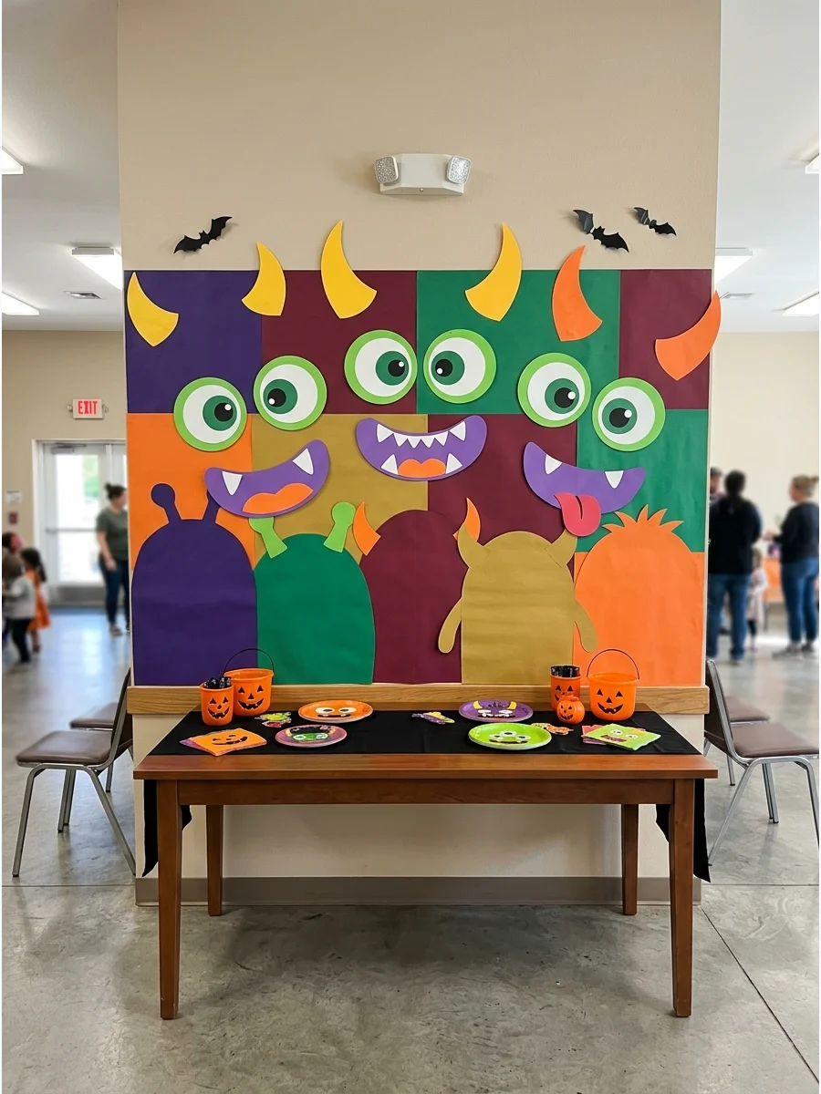 A colorful monster-themed wall backdrop with large cartoon eyes and mouths.