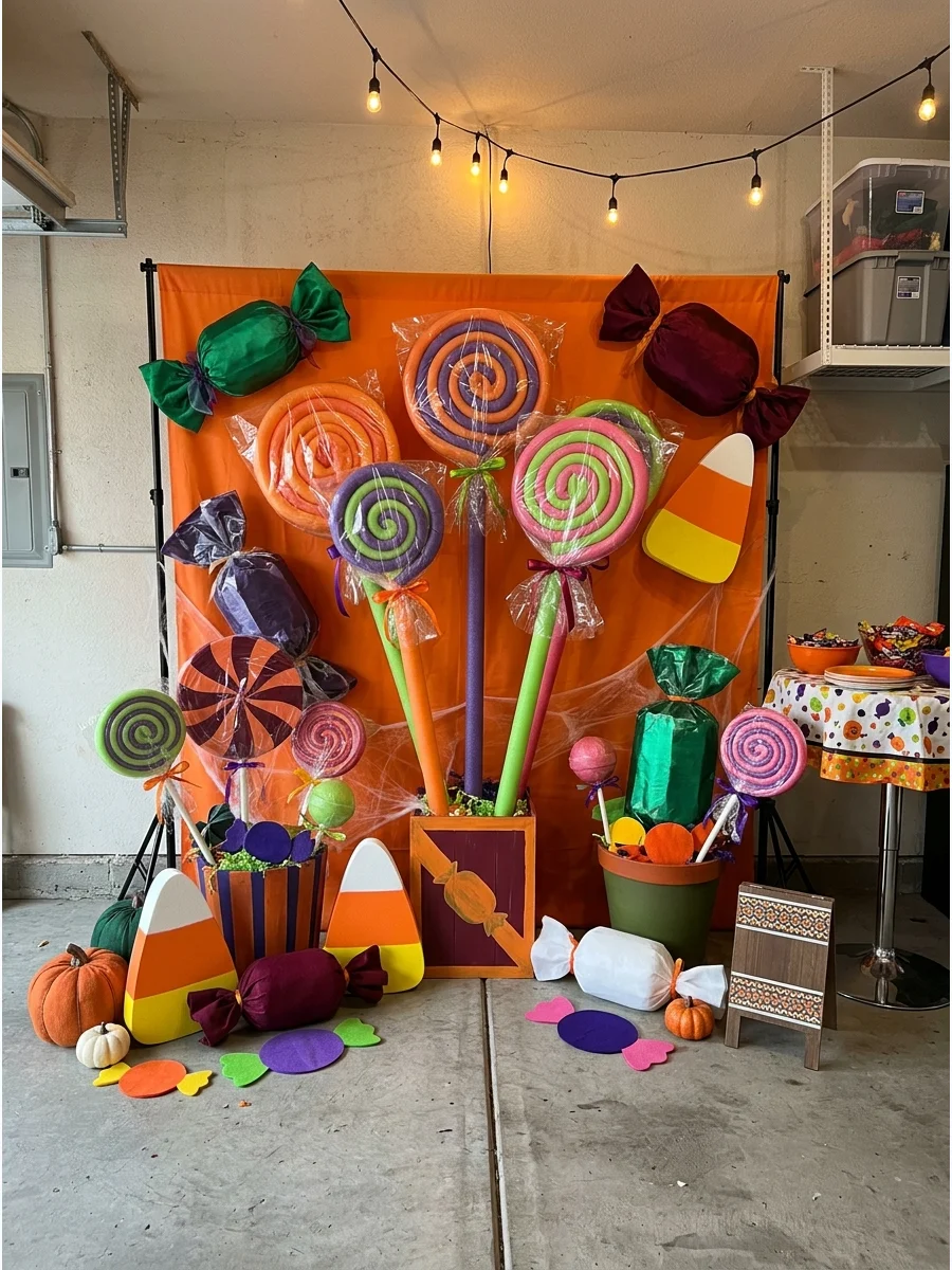 An immersive Halloween candy backdrop with oversized lollipops and wrapped sweets.